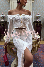 Fashion Knitted Off-the-shoulder Long-sleeved Top and Elastic Slit Maxi Skirt Set