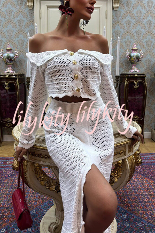 Fashion Knitted Off-the-shoulder Long-sleeved Top and Elastic Slit Maxi Skirt Set