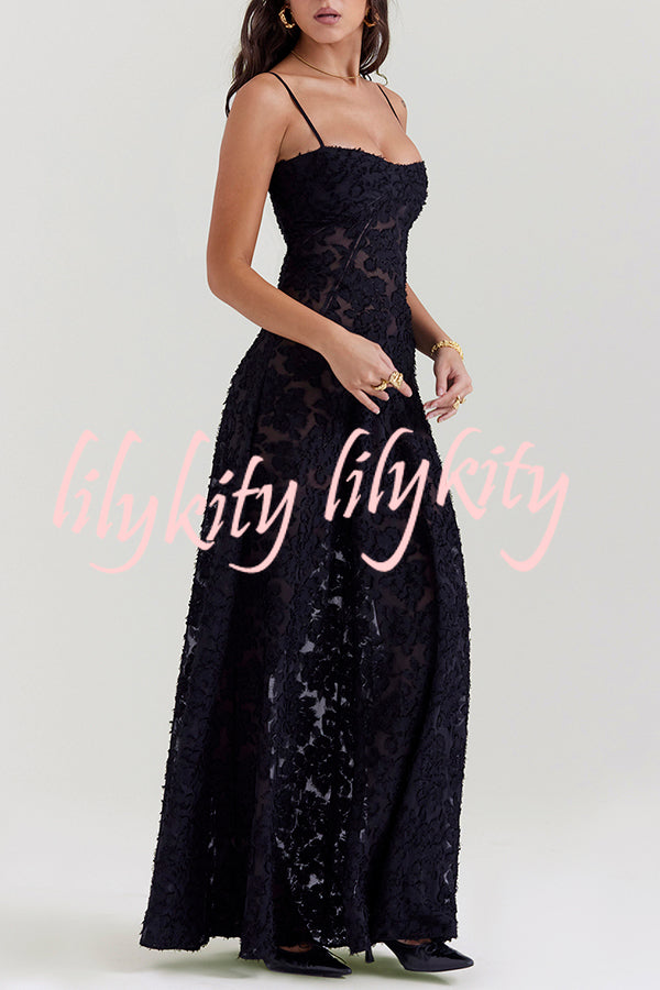 Romantic Vintage Feel Jacquard Fabric Back Lace-up Slip Floaty Maxi Dress