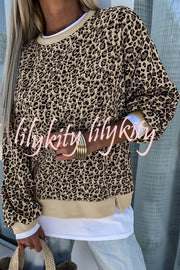 Leopard Print Crew Neck Patchwork Long sleeve Casual Loose Sweatshirt