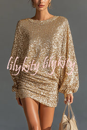 Glow Season Sequin Long Lantern Sleeve Ruched Hip Loose Mini Dress