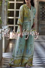 Elonie Satin Floral Print V-neck Half Sleeve Top and Elastic Waist Wide Leg Pants Set