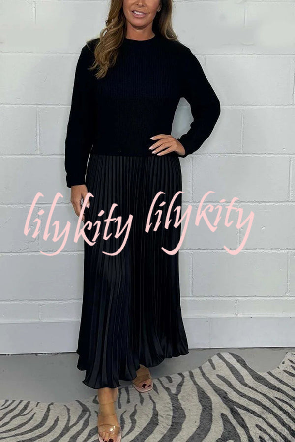 Stylish Knitted Round Neck Long Sleeve Patchwork Pleated Hem Maxi Dress