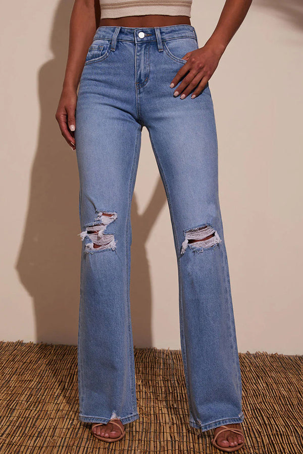 Fashion Raw Edge Ripped Casual Pocket Stretch Straight Jeans