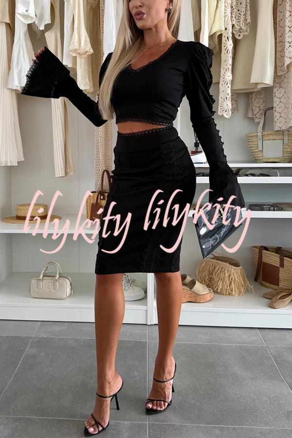 Career Beauty Lace Paneled Long Bell Sleeve Crop Top and High Rise Mini Skirt Set