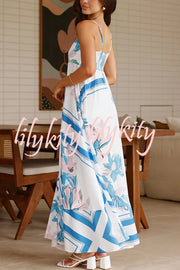 Botanical Print Halter Square Neck Pleated Loose Maxi Dress