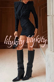 Stylish High-Neck Long-Sleeved Slim-Fit Pleated Mini Dress