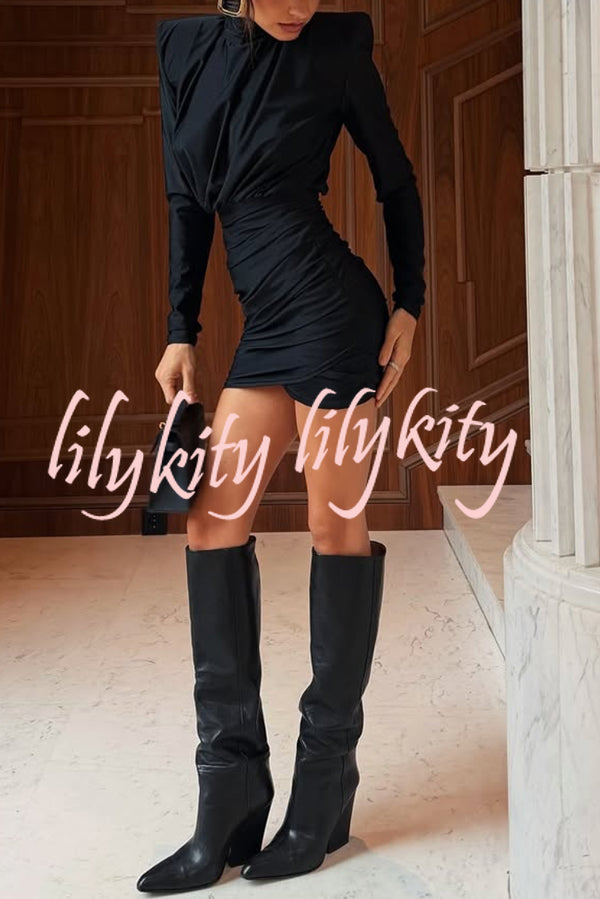 Stylish High-Neck Long-Sleeved Slim-Fit Pleated Mini Dress