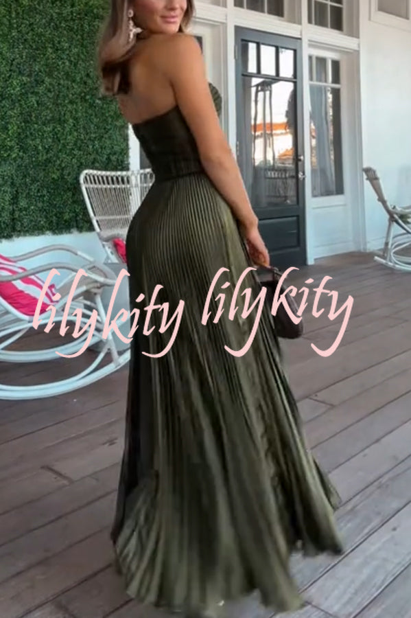 Love Note Satin Sweetheart Twist Off Shoulder Pleated Maxi Dress