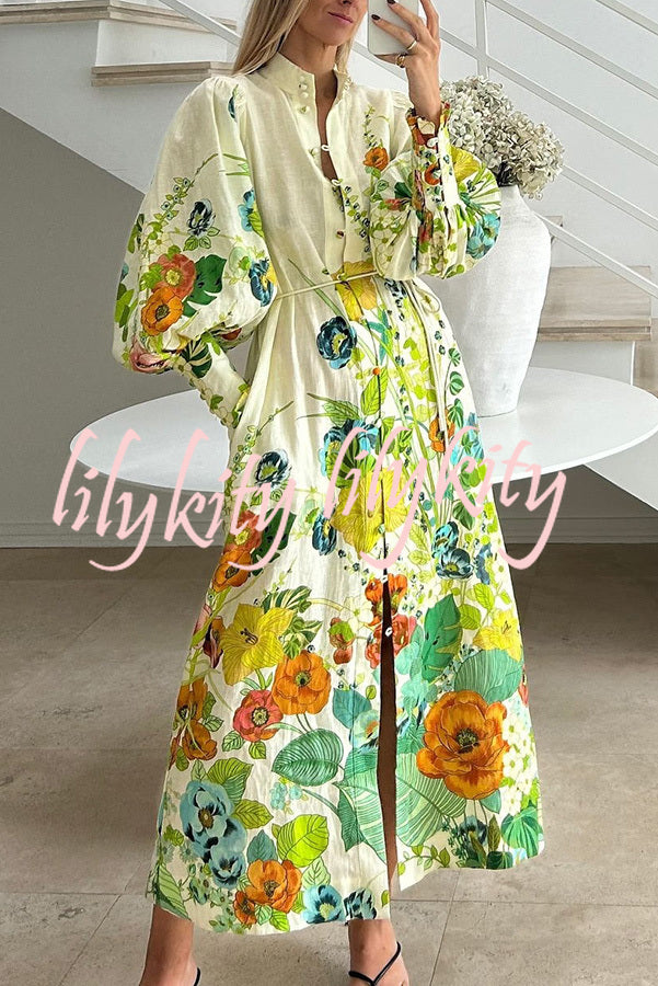 Summer Party Floral Print Balloon Sleeve Pocketed Belt Shirt Midi Dress