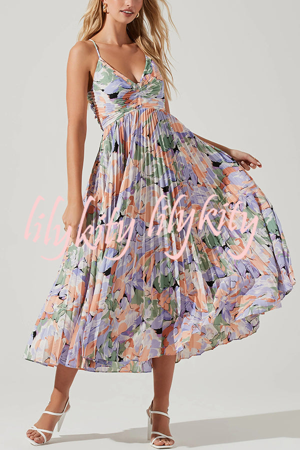 Wedding Party Season Floral Print Pleated Back Tie-up Midi Dress