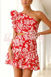 Floral Print One-shoulder Ruffled Waist Cutout Mini Dress