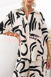 Irregular Printed Button Pocket Long Sleeved Shirt and Elastic Waist Pants Set