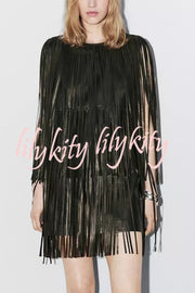 Modern Times Faux Leather Layered Tassel Design Sleeveless H-line Mini Dress