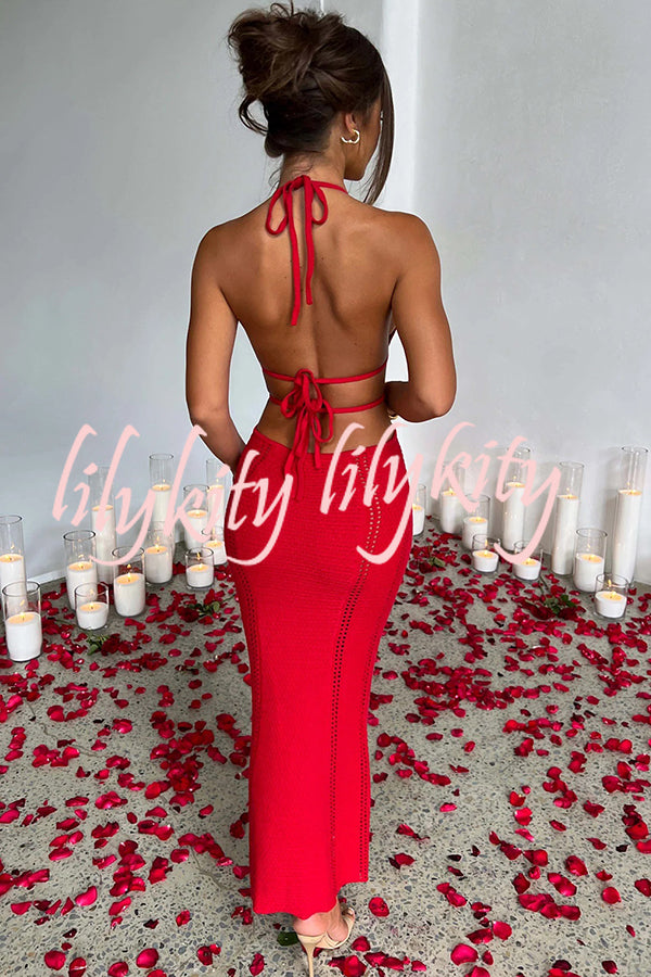 Effortlessly Cool and Sexy Knit Crochet Cutout Halter Tie-up Stretch Maxi Dress