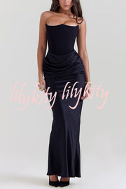 Attend The Gala Strapless Corset Satin Ruched Hip Drape Maxi Dress