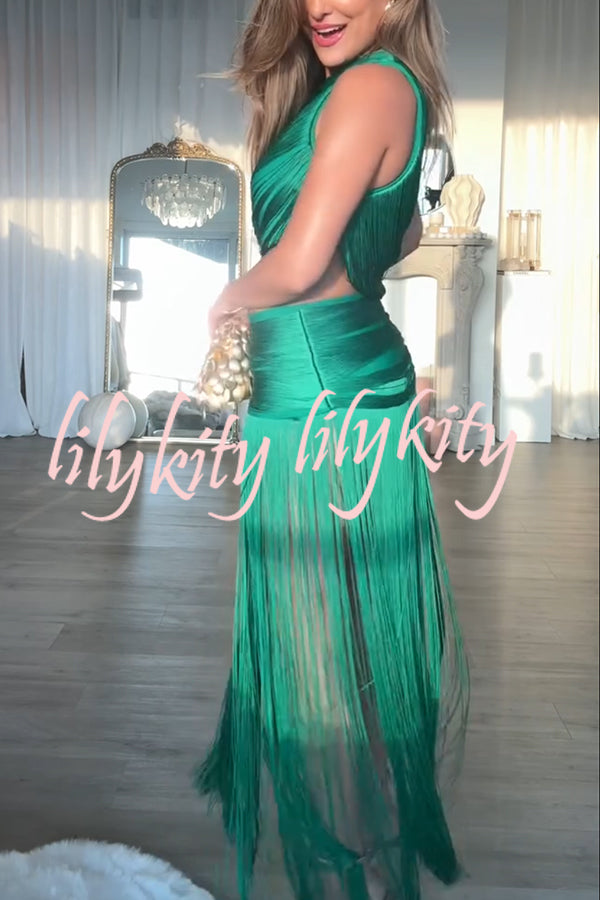 Dancing Miracle One Shoulder High Waist Hollow Design Tassel Hem Drape Mini Dress