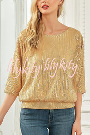 Solid Color Sequined Loose Round Neck Casual Top