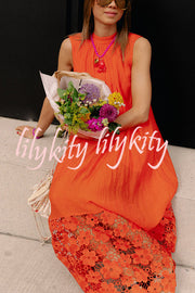Breezy Comfort Tie-up Neck Sleeveless Floral Lace Hem Maxi Dress