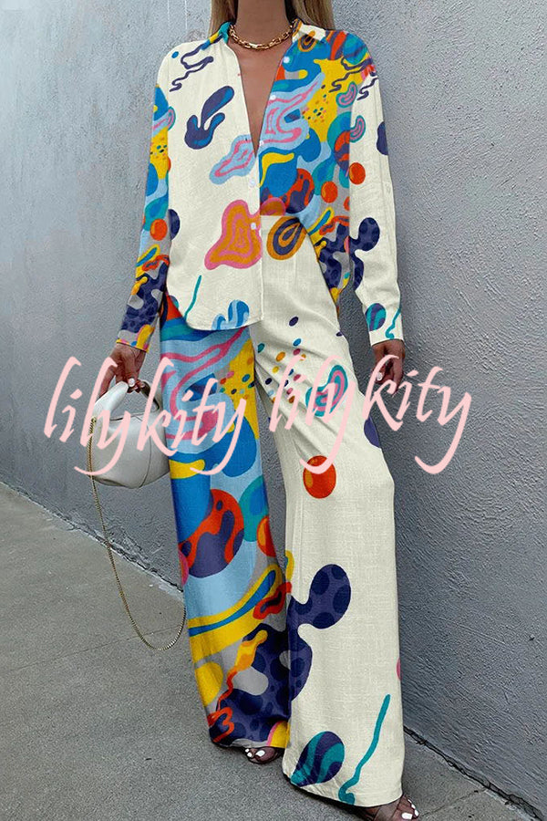 Stunning Art Print Buttoned Wide Leg Pant Suit