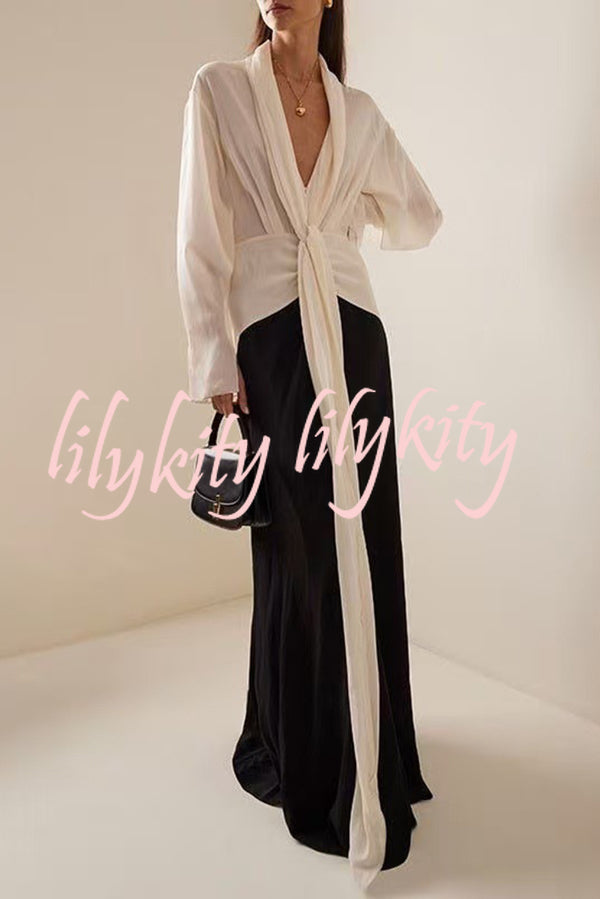 Fashion Contrast Color V-neck Tie High Waist Drape Maxi Dress
