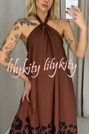 Leopard Print Sexy Halter Neck Backless Loose Maxi Dress