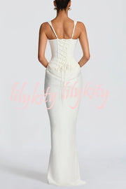 Larrah Square Neck Back Lace-up Satin Drape Hem Maxi Dress