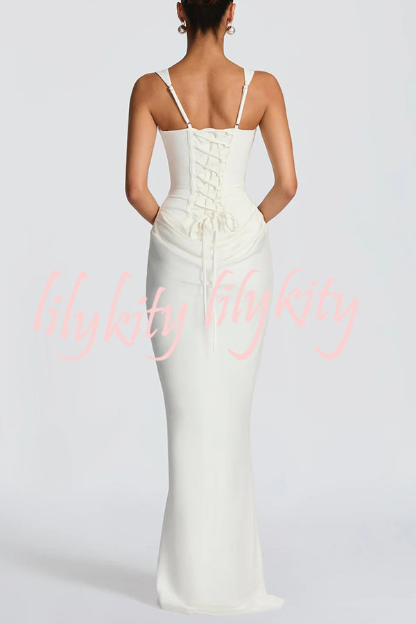 Larrah Square Neck Back Lace-up Satin Drape Hem Maxi Dress