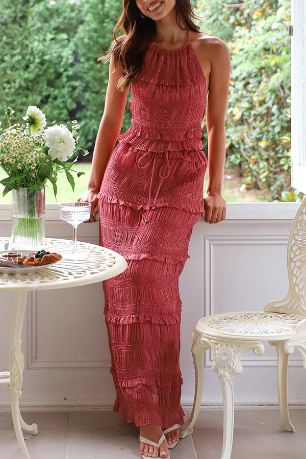 Feel Chic and Romantic Sequin Textured Material Drawstring Waist Tiered Maxi Skirt