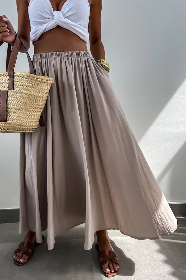 Houston Linen Blend Elastic Waist Pocket Large Hem Casual Long Skirt