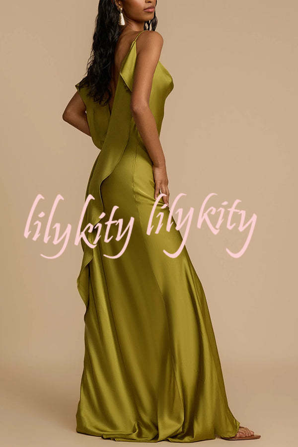 Evening Date Satin Cowl Neck Drape Ruffle Backless Bias Cut Party Maxi Dress