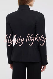 Classic Luxury Unique Metal Button Stand Collar Long Sleeve Blazer