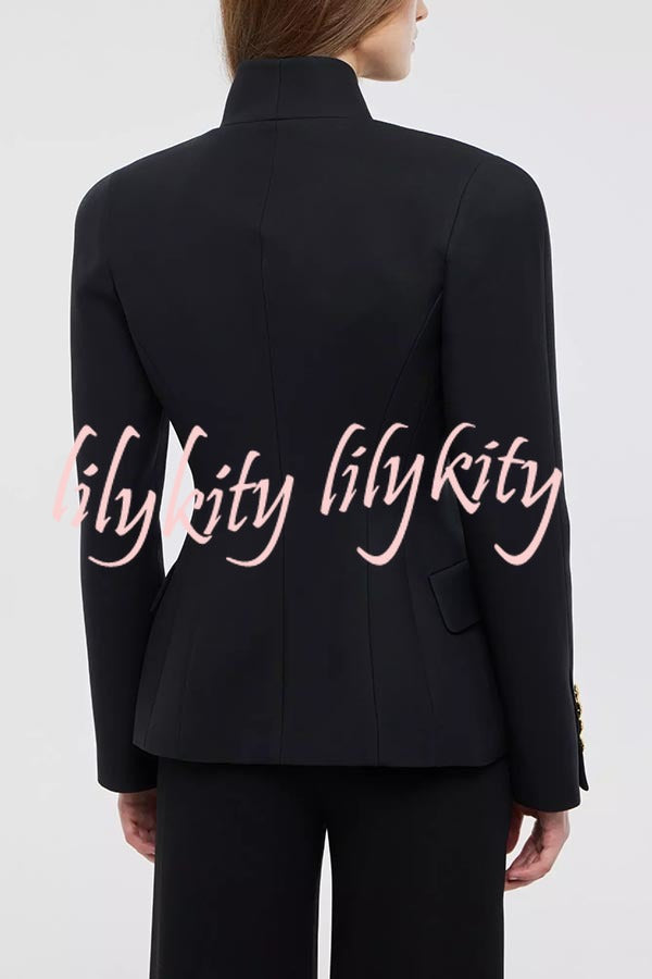 Classic Luxury Unique Metal Button Stand Collar Long Sleeve Blazer