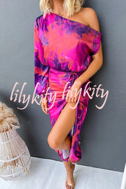 Winona Satin Floral Print One Shoulder Balloon Sleeve Tie-up Maxi Dress