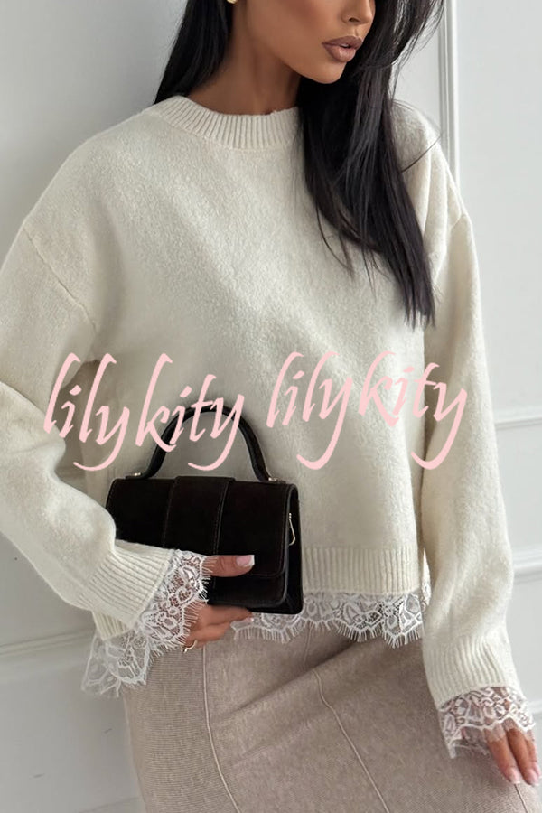 Caitlin Knit Lace Trim Patchwork Long Sleeve Back Slit Relaxed Sweater