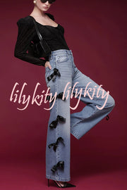Runway Muse Denim High Rise Bow Trim Pocketed Wide Leg Jeans