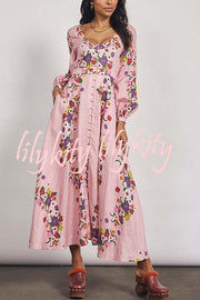 Garden Party Linen Blend Floral Print Button Balloon Sleeve Pocketed Maxi Dress