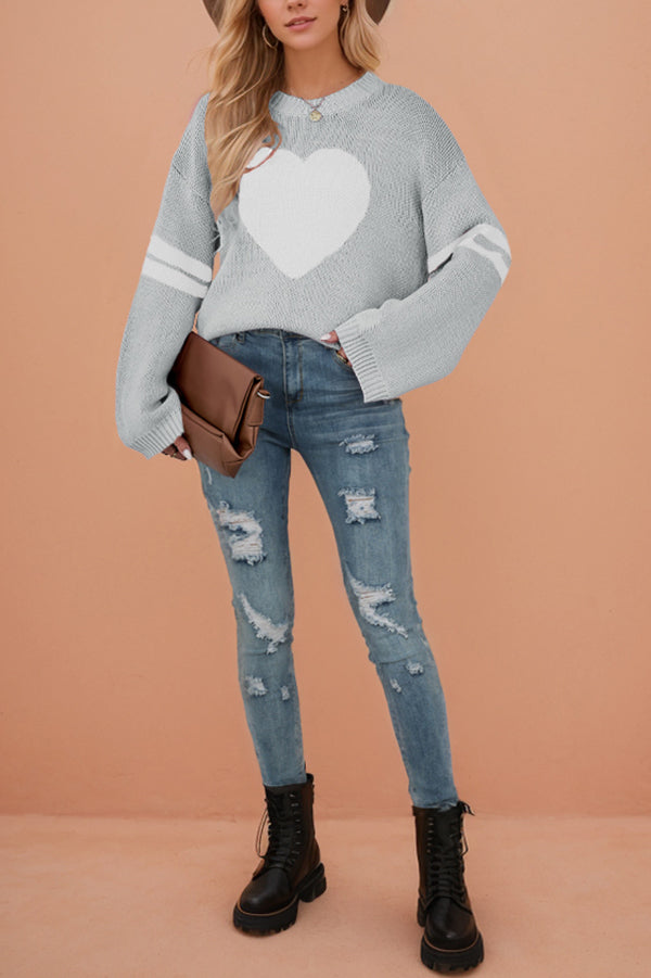 Fashionable Heart-shaped Jacquard Long-sleeved Loose Knit Sweater