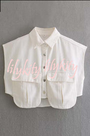 Stylish Weekend Denim Button Up Cape Sleeve Pocket Crop Top