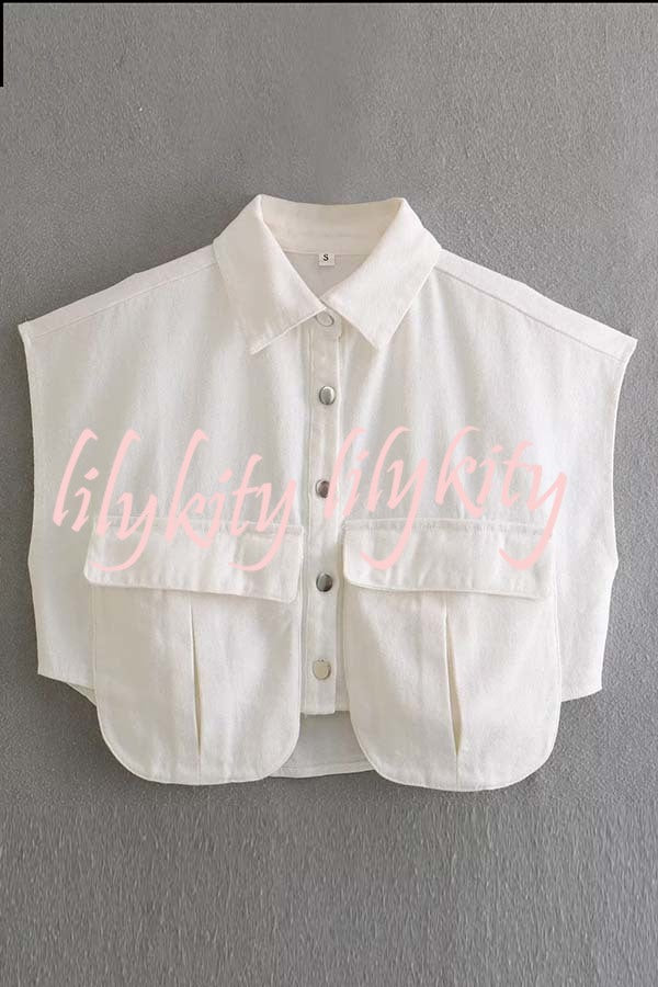 Stylish Weekend Denim Button Up Cape Sleeve Pocket Crop Top