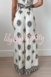 Unique Printed Round Neck Sleeveless Button Top and Elastic Waist Pocket Wide Leg Pants Set