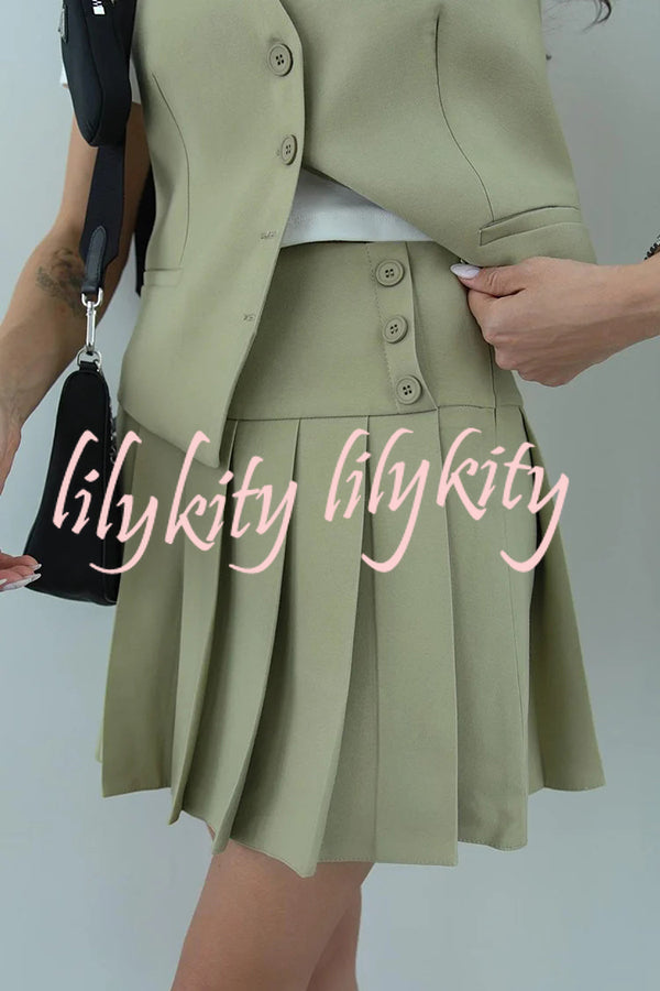 Solid Color Sleeveless Buttoned Vest and High-waisted Pleated Mini Skirt Set