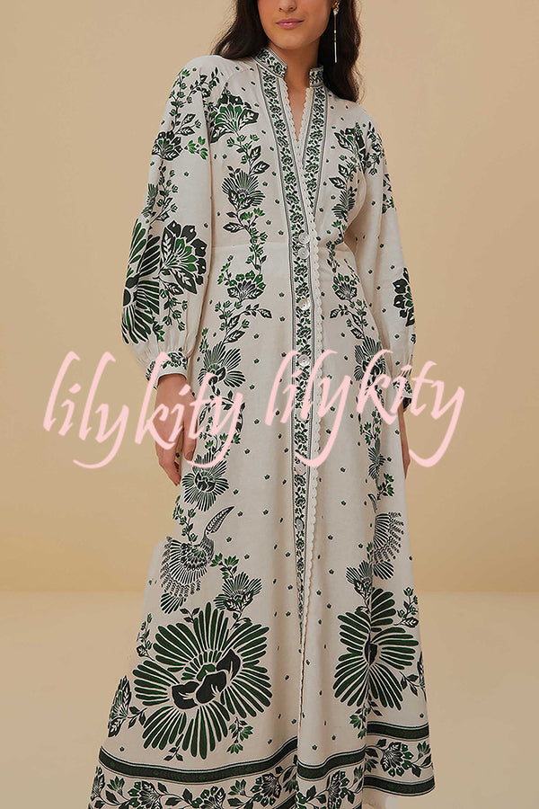 Forest Soul Unique Print Button Down Long Sleeve Shirt Maxi Dress