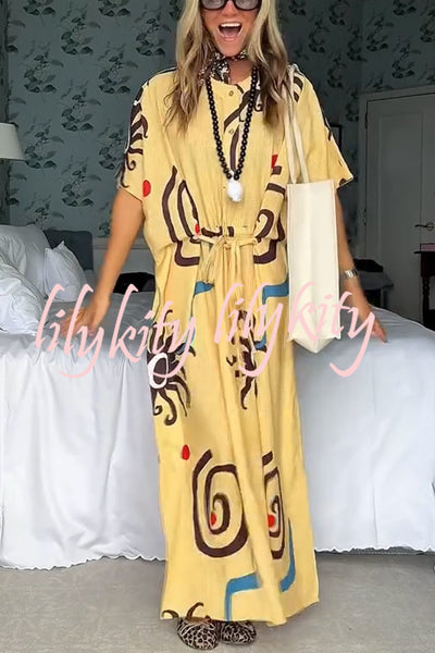 Helia Linen Blend Unique Print Drawstring Waist Kaftan Maxi Dress