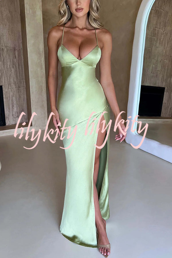 Satin Solid Color Sexy Backless Lace Up High Slit Maxi Dress