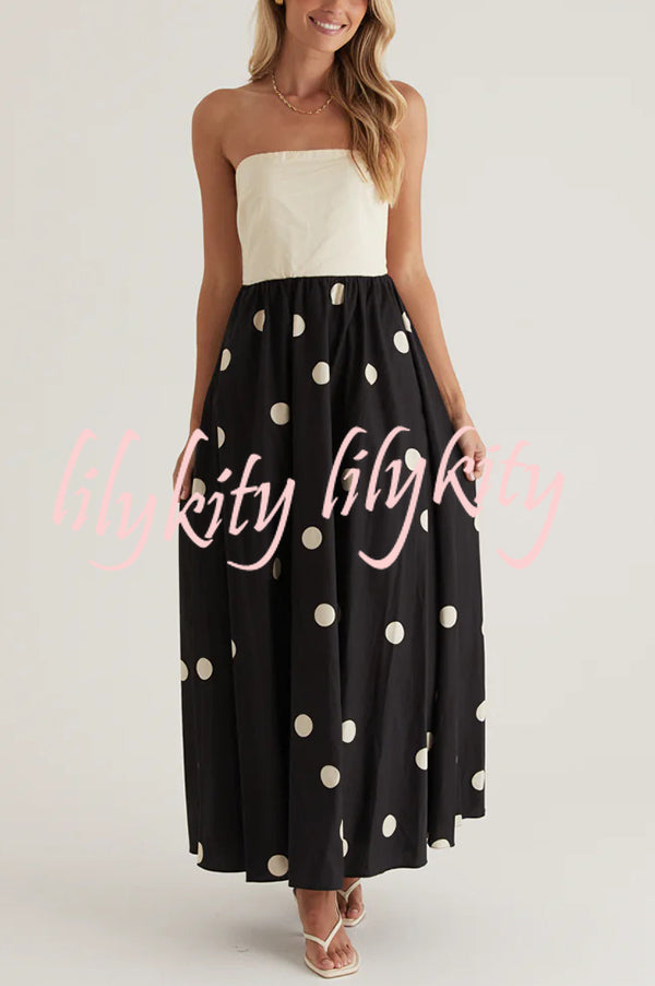 Fashion Polka Dot Print Tube Top Spliced Maxi Dress