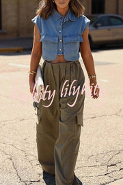 Stylish Weekend Denim Button Up Cape Sleeve Pocket Crop Top
