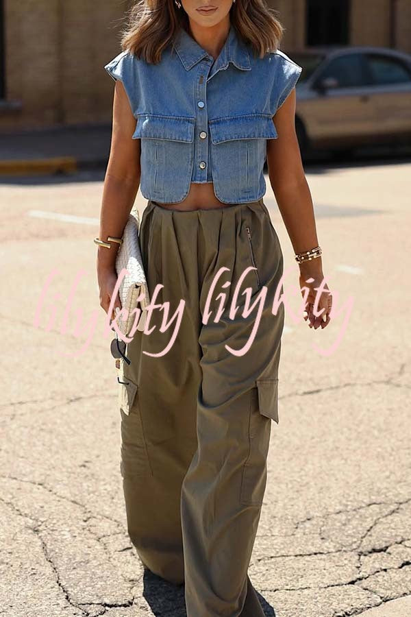Stylish Weekend Denim Button Up Cape Sleeve Pocket Crop Top