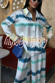 Lizbeth Satin Tie Dye Print Long Sleeve Shirt and Elastic Waist Pocketed Pants Set