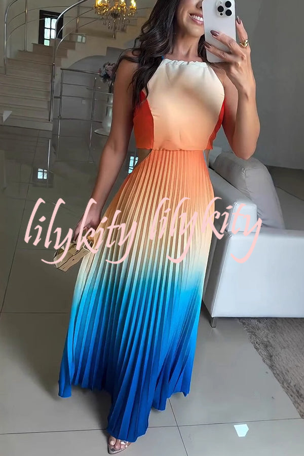 Fashionable Backless Tie Elegant Gradient Pleated Maxi Dress